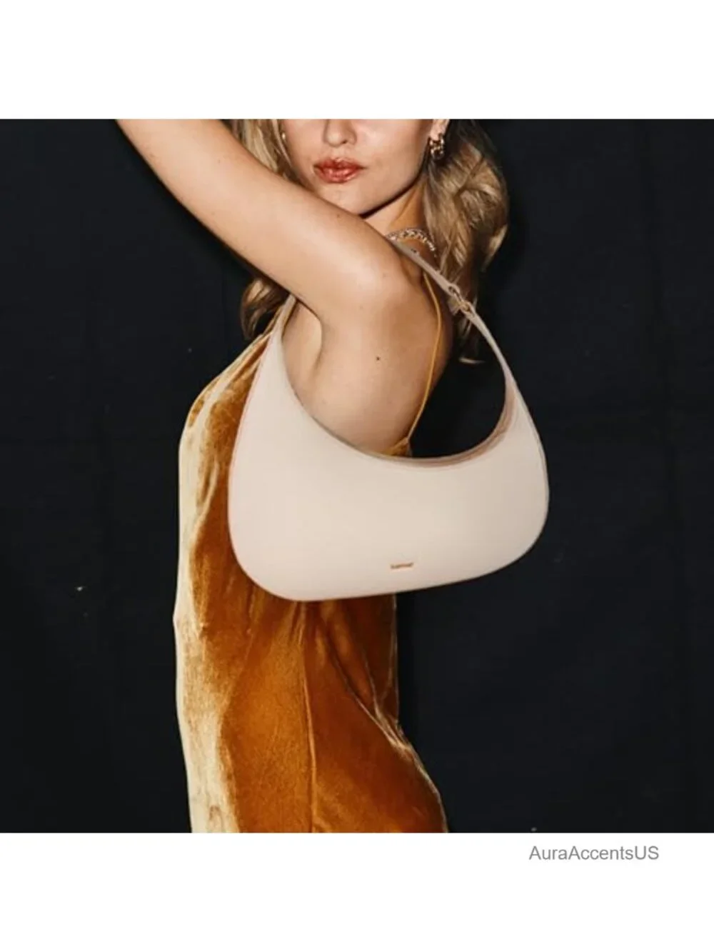 Small Crescent Shoulder Bag, Mini Vegan Leather Hobo Purse with Zipper